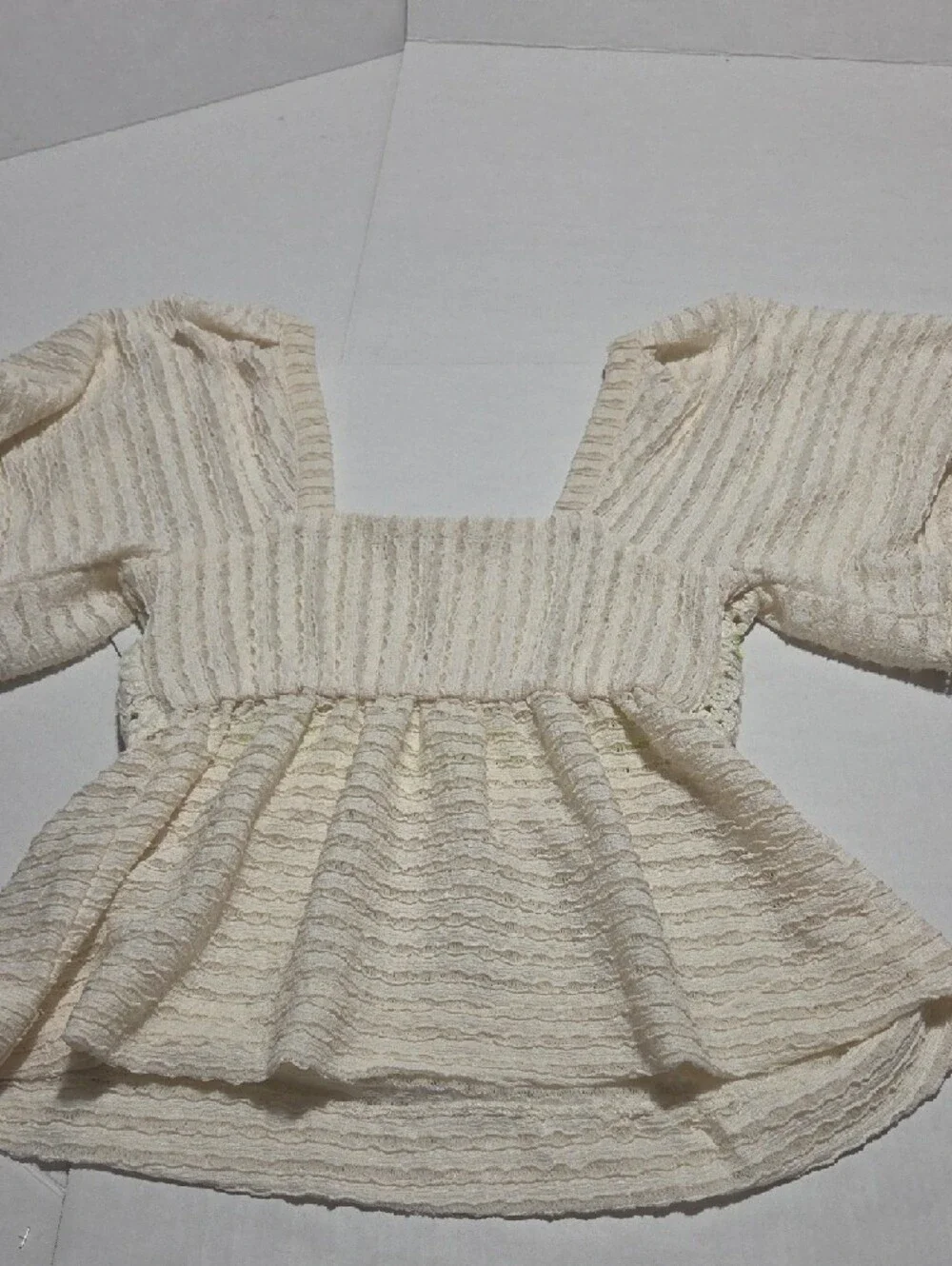 Anthropologie Cream Blouse with Light Green Crochet Yoke